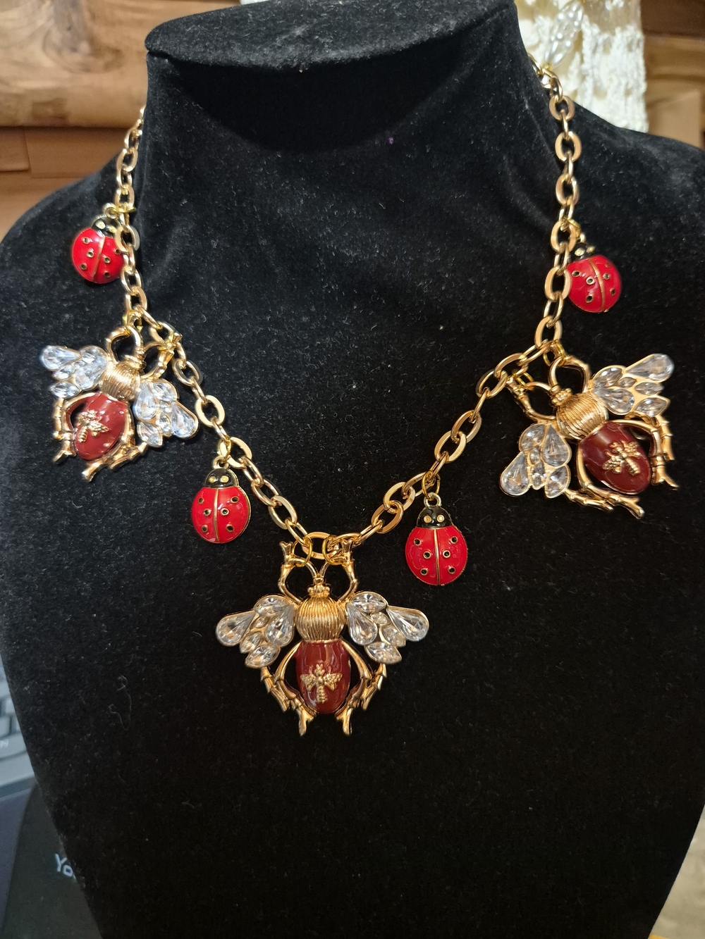 Fashion Gold  Red Ladybug & Bee Charm Necklace